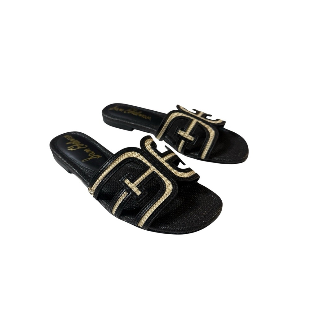 Sam Edelman Bay Multi Slide Sandals Black Cream Woven Raffia Flat Womens 10 M